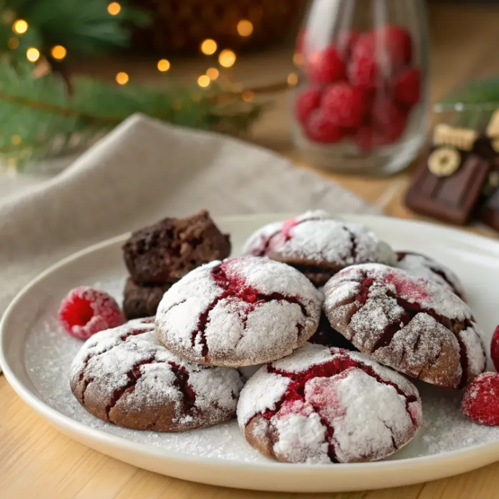 Chocolate raspberry crinkle cookies served with fresh raspberries
