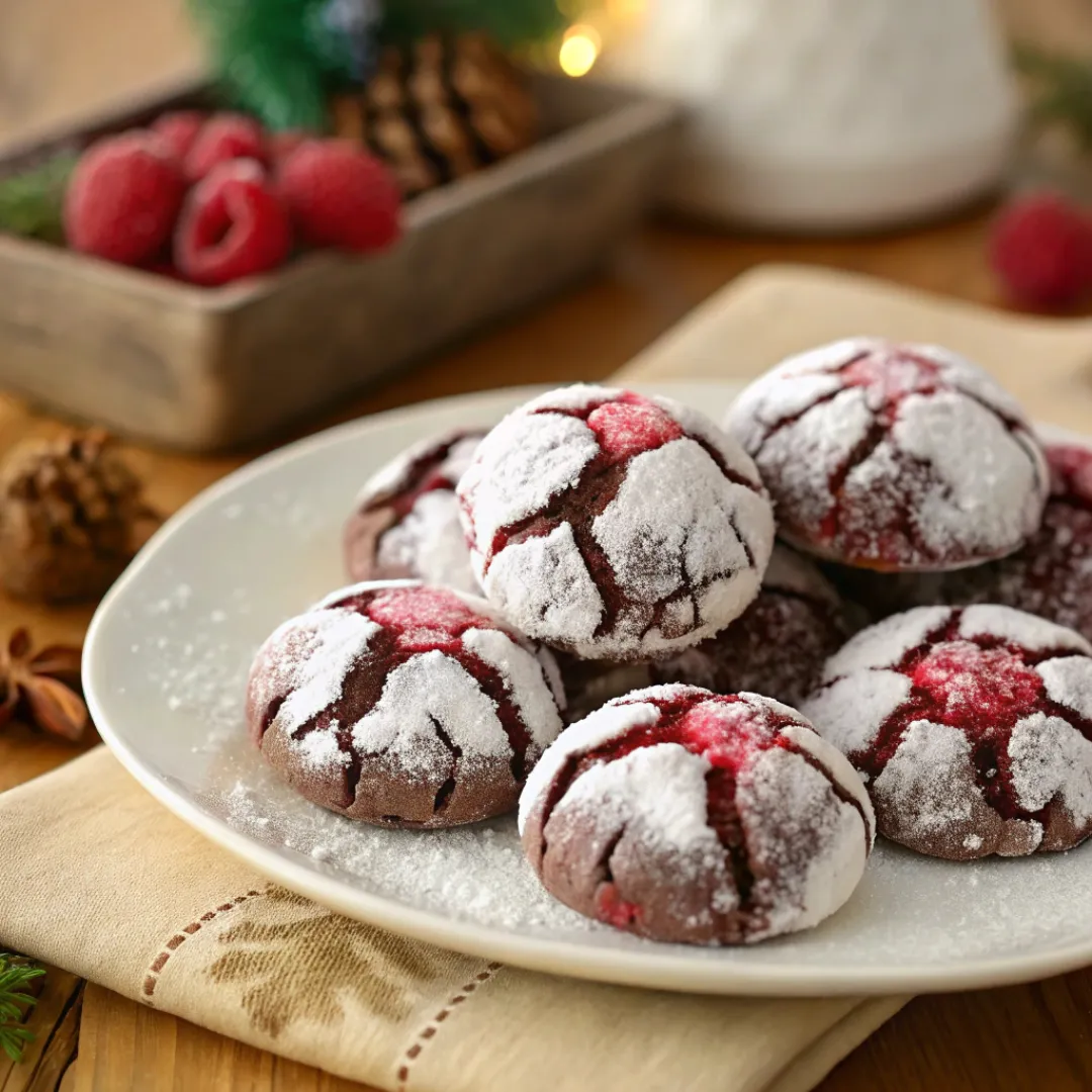 Plate of chocolate raspberry crinkle cookies dusted with powdered sugar