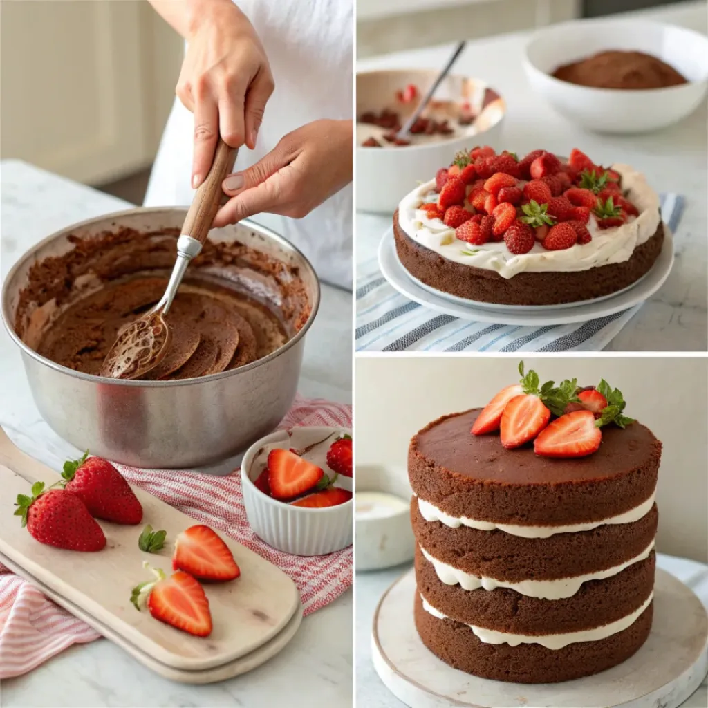 Collage of making Chocolate Strawberry Cake