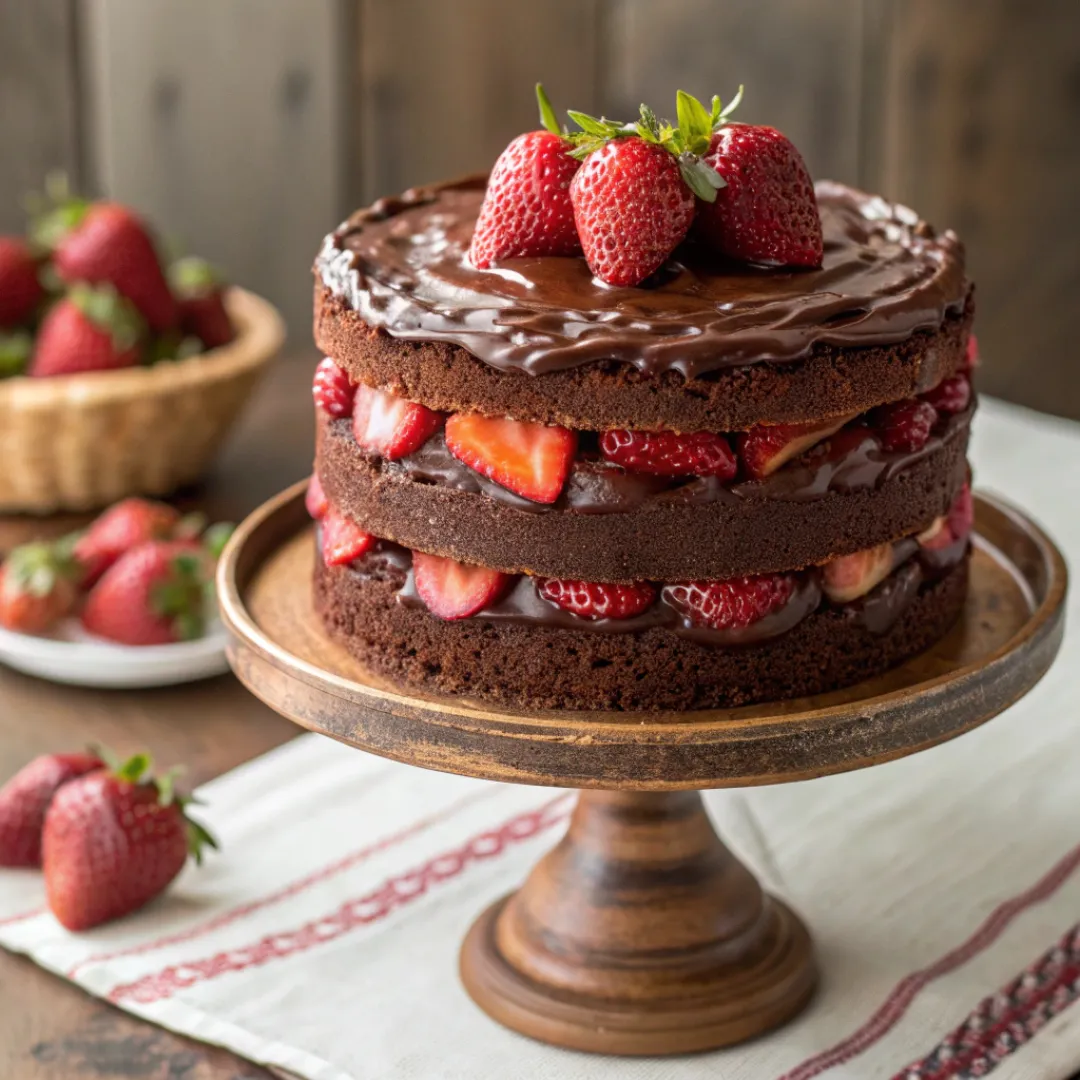 Close-up of layered Chocolate Strawberry Cake with strawberries on top