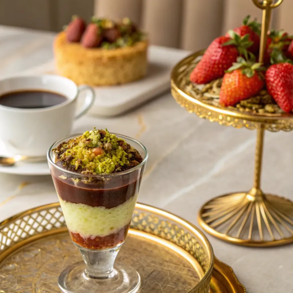 Dubai Chocolate Strawberry Cup – Pistachio Crunch Dessert 8 Chocolate strawberry pistachio cup served with coffee