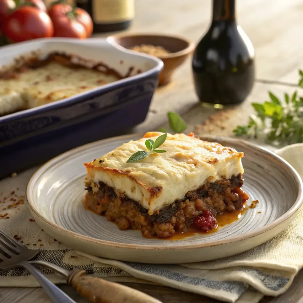 Classic Moussaka slice with layered eggplant and béchamel