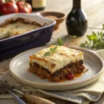 Classic Moussaka slice with layered eggplant and béchamel