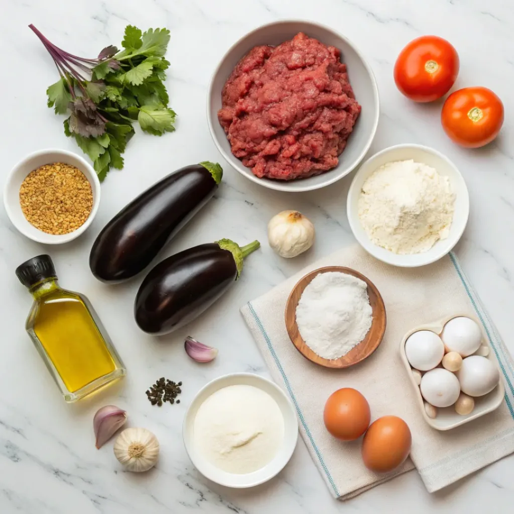 Moussaka ingredients flat lay