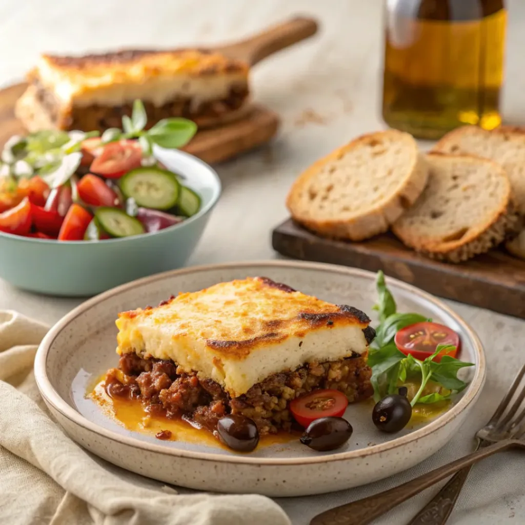 Moussaka served with Greek salad and bread