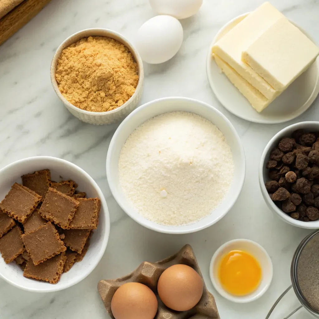 Classic Nanaimo Bars – Rich, Layered & No-Bake Delight 6 Classic Nanaimo Bars ingredients flat lay