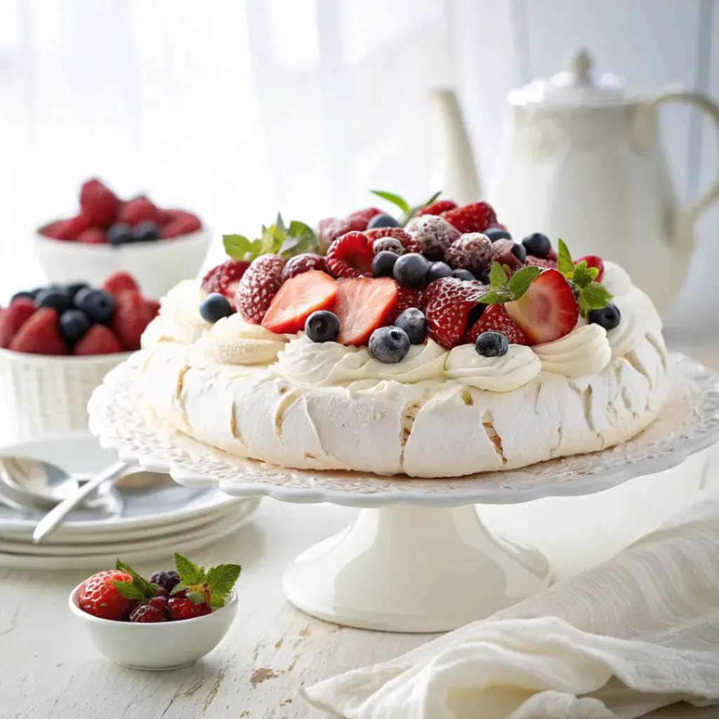 Pavlova topped with whipped cream and fresh berries