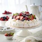 Pavlova topped with whipped cream and fresh berries