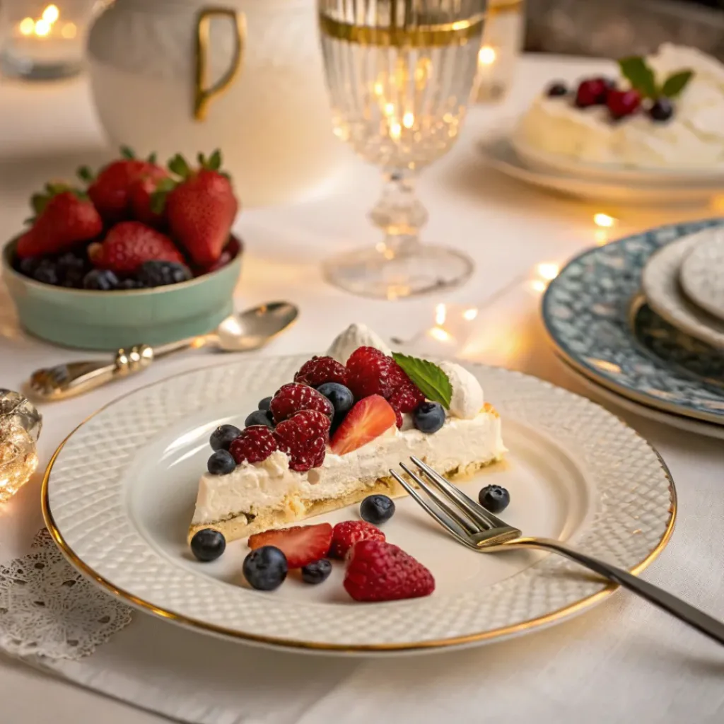 Slice of pavlova served with fresh berries