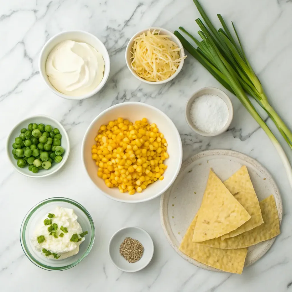 Best Creamy Corn Dip – Quick Appetizer Idea 6 Corn dip ingredients flat lay