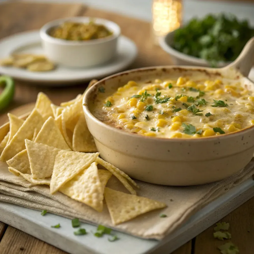 Best Creamy Corn Dip – Quick Appetizer Idea 8 Corn dip served with tortilla chips and crackers