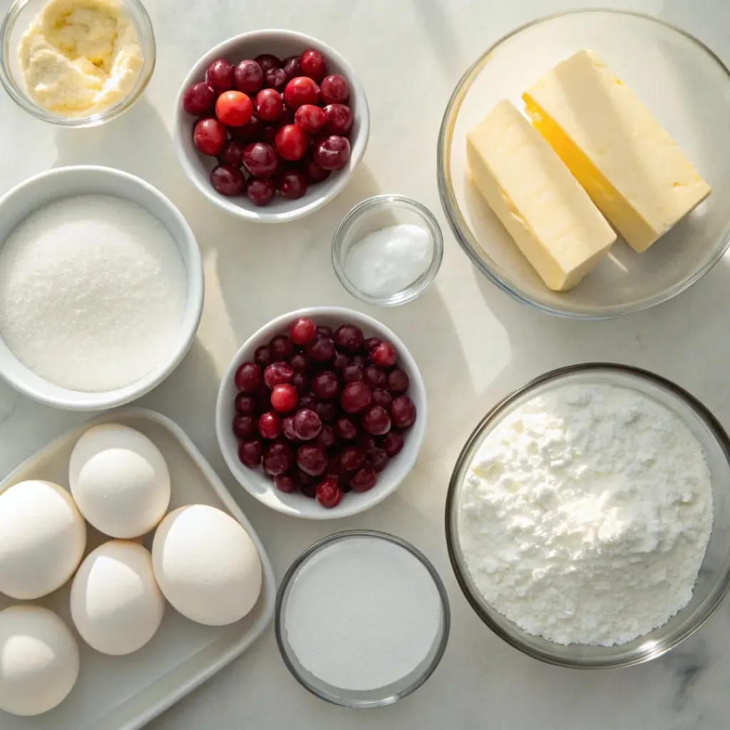 Cranberry Curd Bars – Tangy, Sweet & Buttery Dessert 6 Cranberry Curd Bars ingredients flat lay