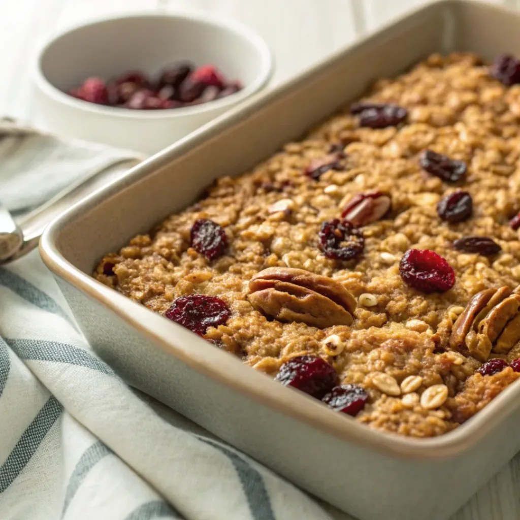 Cranberry Pecans Baked Oatmeal in baking dish