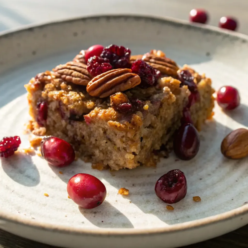 Served Cranberry Pecans Baked Oatmeal