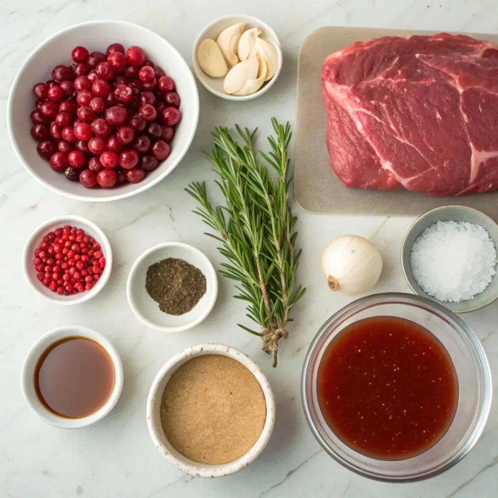 Cranberry Roast Beef ingredients flat lay