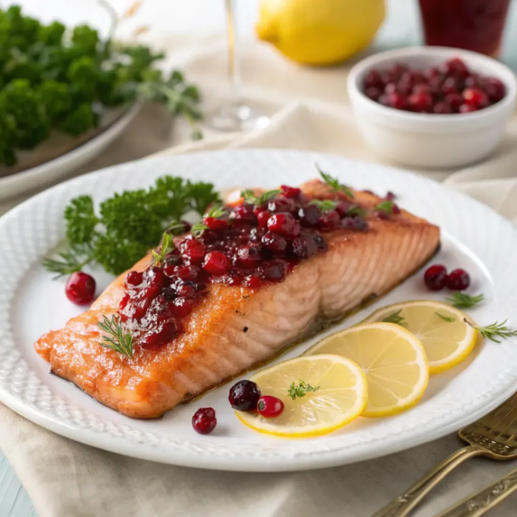 Cranberry glazed salmon fillet on a plate with lemon