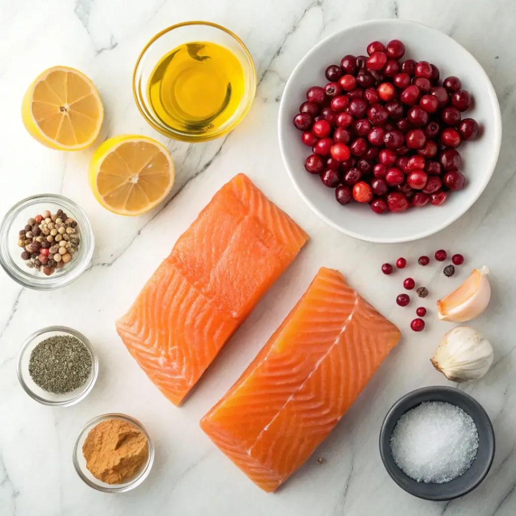 Sweet Cranberry Salmon – Tangy Healthy Dinner 6 Flat lay of ingredients for cranberry salmon