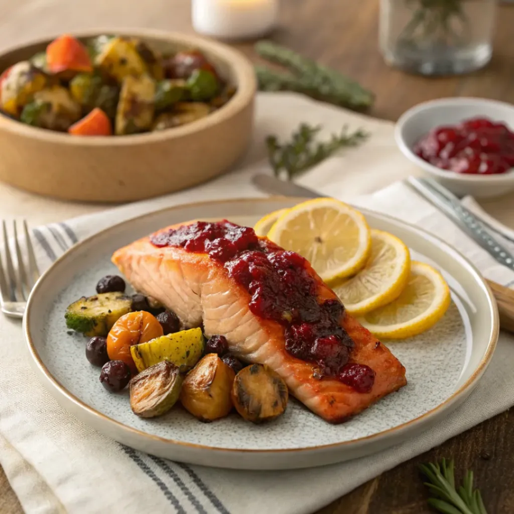 Sweet Cranberry Salmon – Tangy Healthy Dinner 8 Cranberry salmon served with roasted vegetables