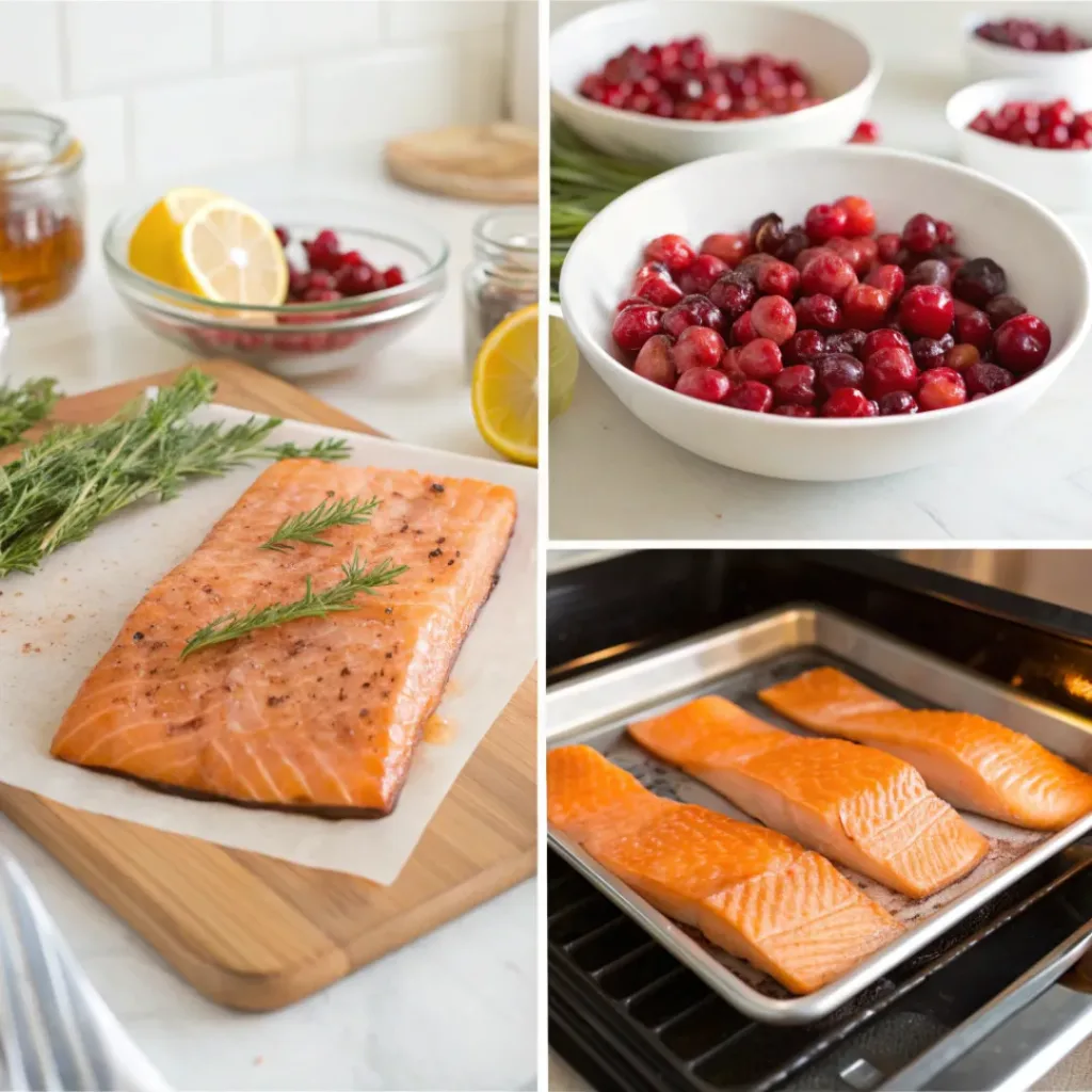 Sweet Cranberry Salmon – Tangy Healthy Dinner 7 Step-by-step collage of making cranberry salmon