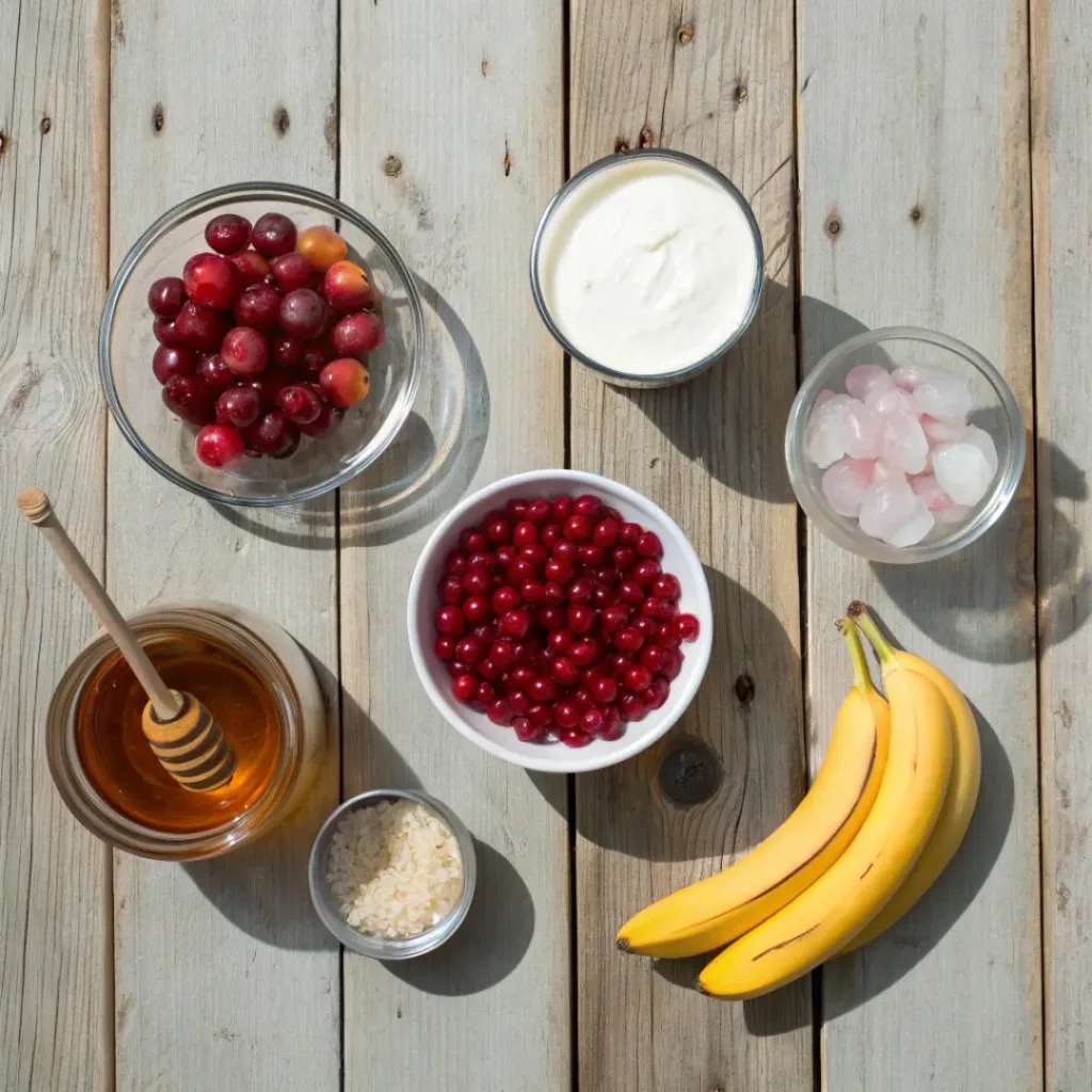 Refreshing Cranberry Smoothie – Healthy, and Quick 6 Flat lay of fresh ingredients for Cranberry Smoothie