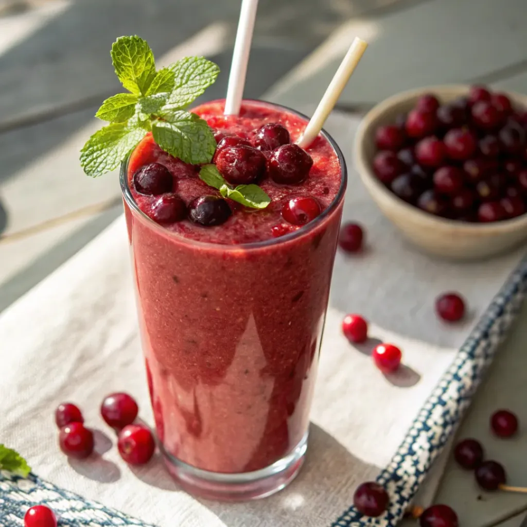 Refreshing Cranberry Smoothie – Healthy, and Quick 8 Served Cranberry Smoothie in glass jar with cranberries and mint