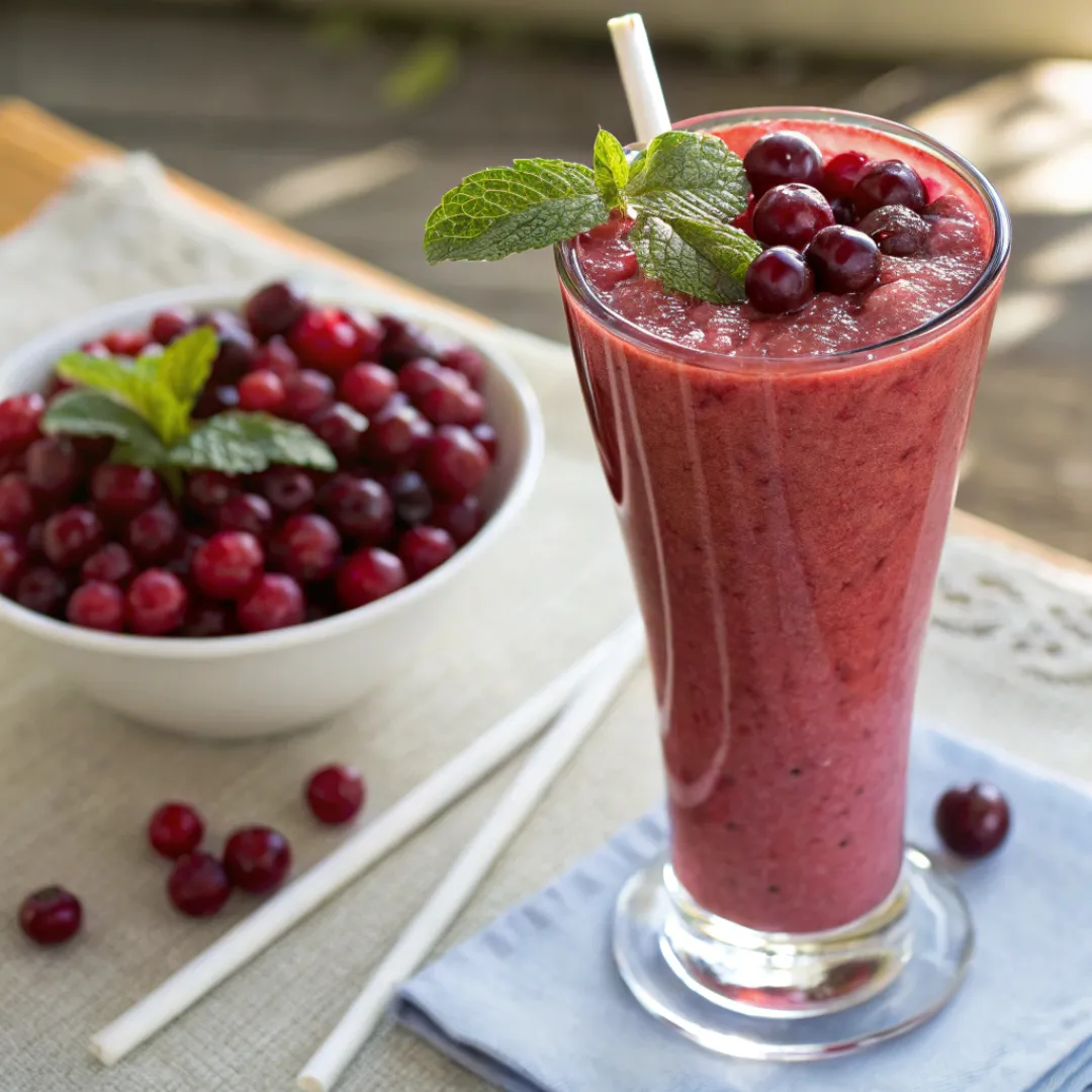 Glass of fresh cranberry smoothie garnished with cranberries and mint