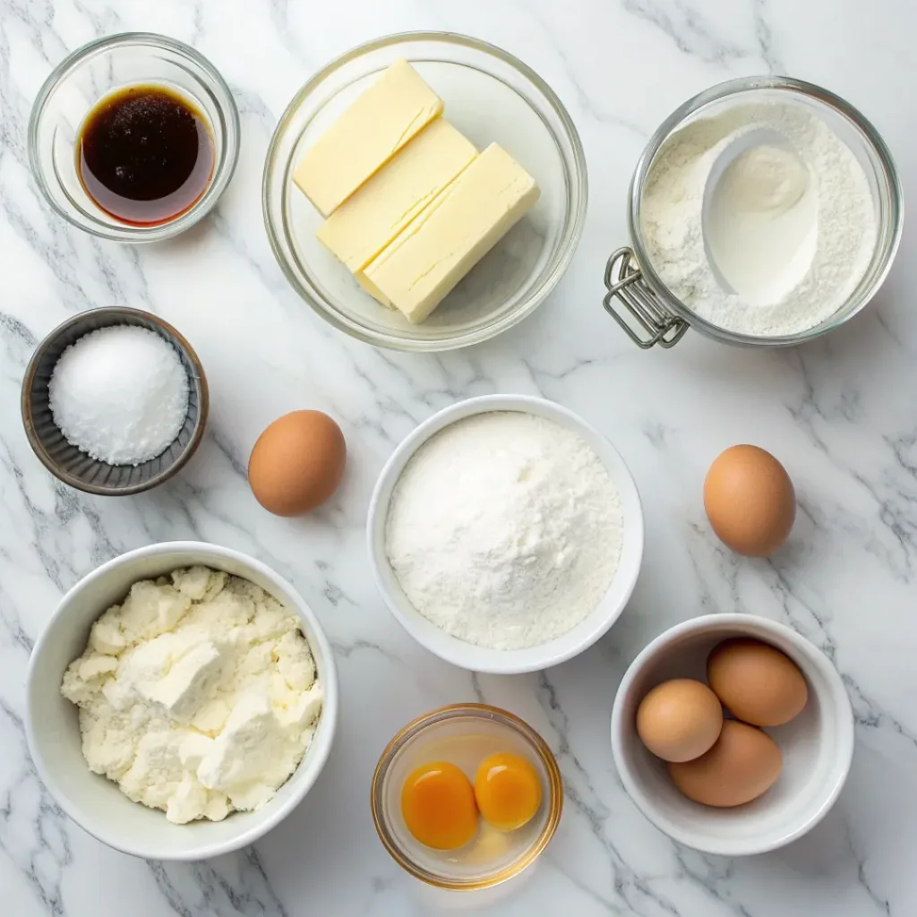Cream Cheese Cookies – Soft, Tender, Bakery-Style Treats 6 Flat lay of ingredients for cream cheese cookies on marble