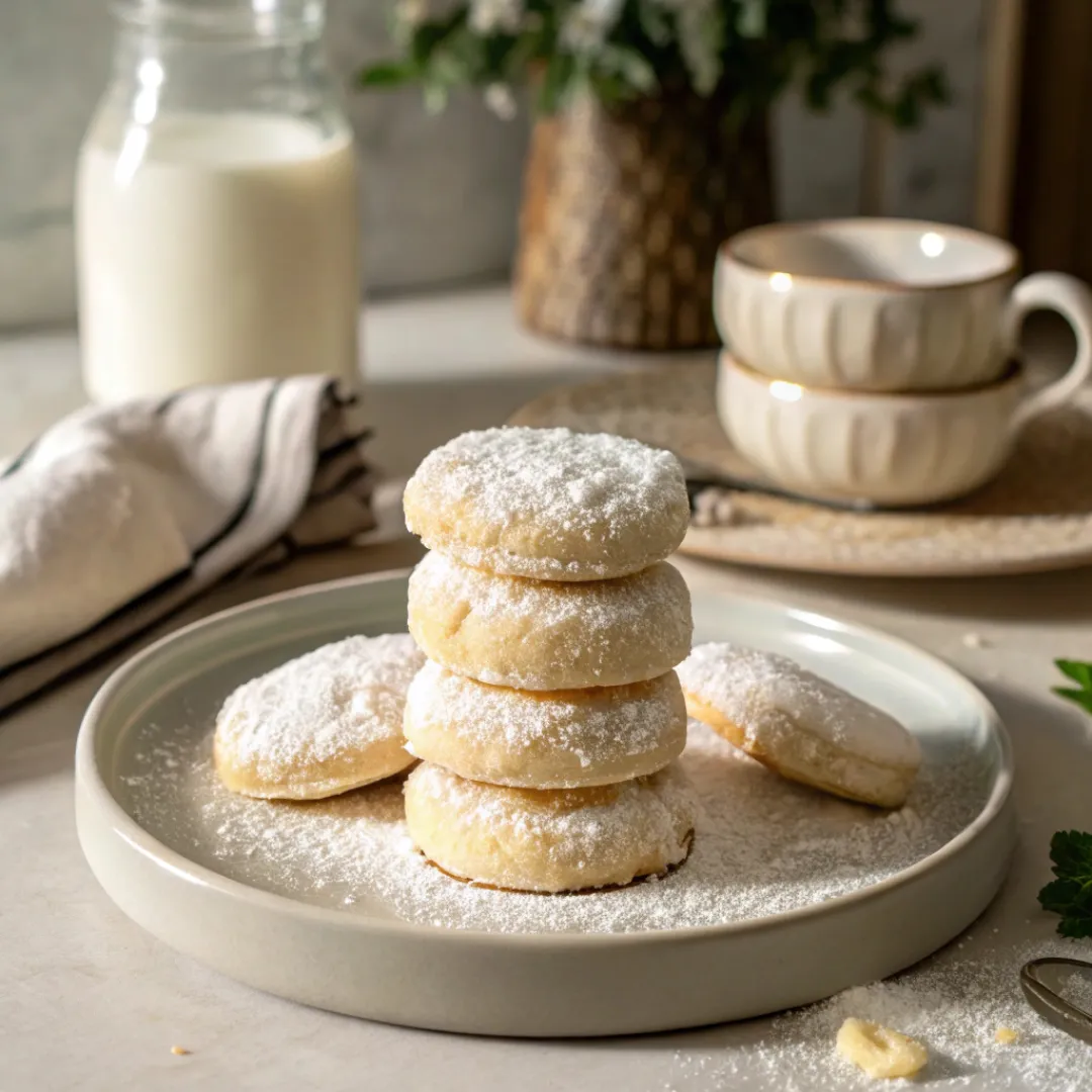 Stack of soft cream cheese cookies lightly dusted with powdered sugar