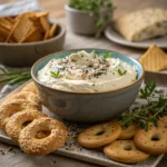 Bagel Dip topped with everything bagel seasoning