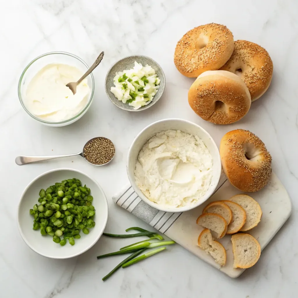 Bagel Dip – Creamy Crowd-Pleaser Appetizer 6 Bagel Dip ingredients flat lay