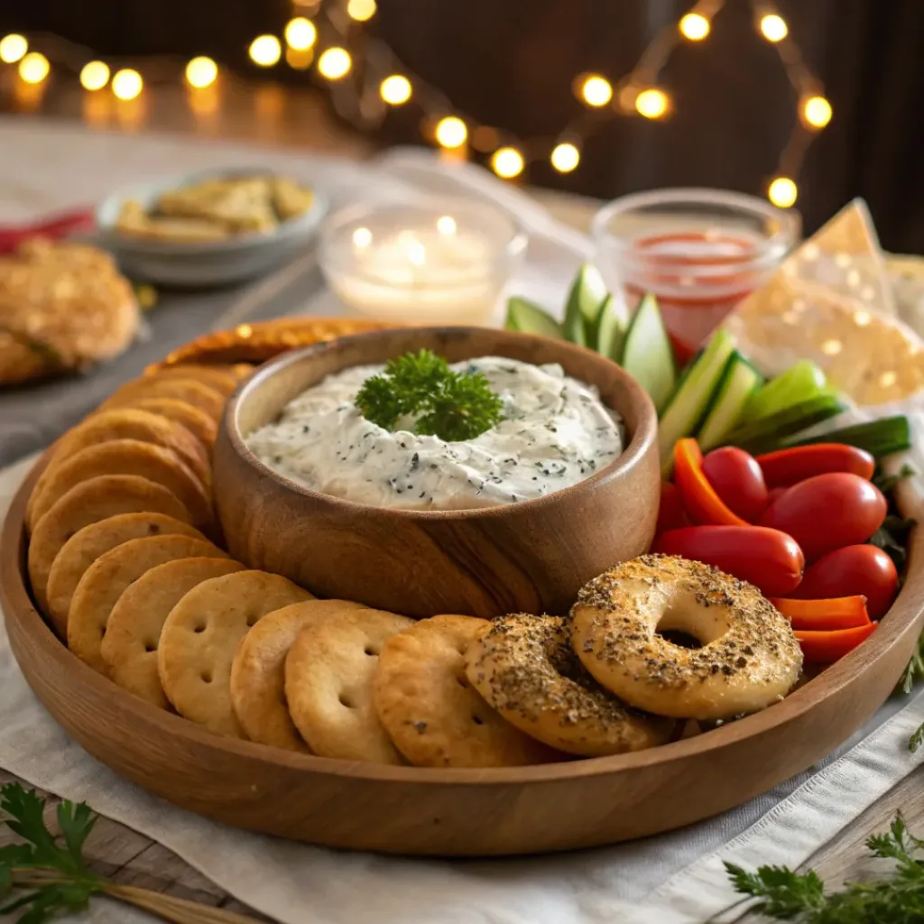 Bagel Dip – Creamy Crowd-Pleaser Appetizer 8 Bagel Dip served with bagel chips and vegetables