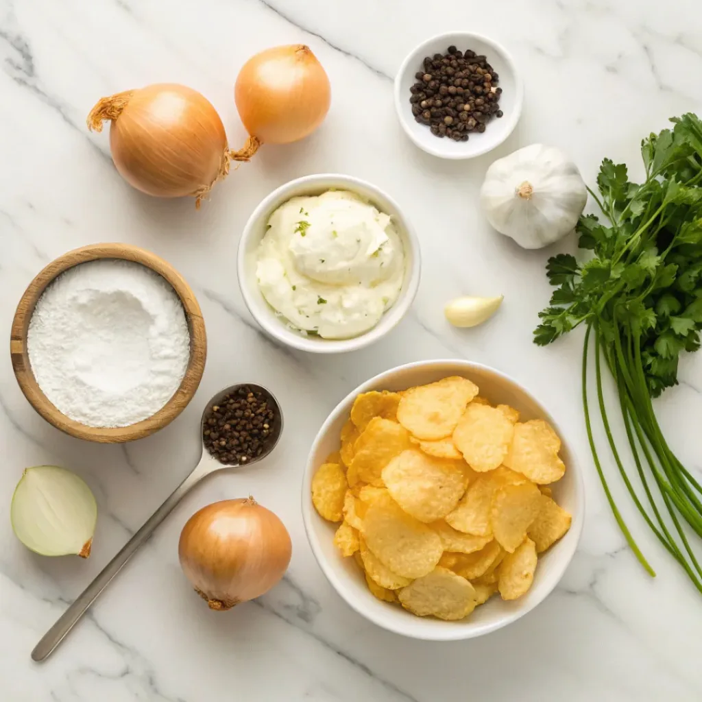 French Onion Dip ingredients flat lay