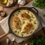 Creamy garlic chicken in a skillet