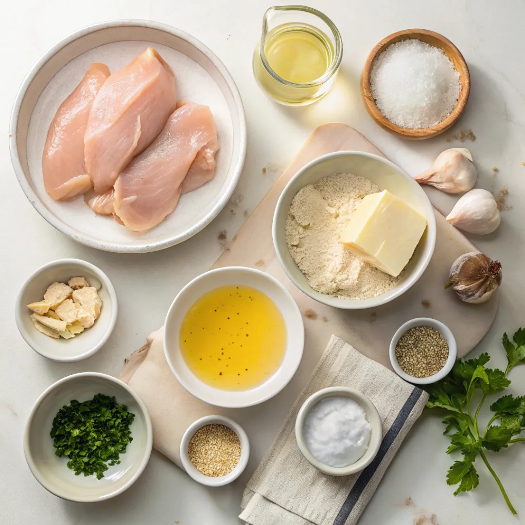Creamy garlic chicken ingredients flat lay