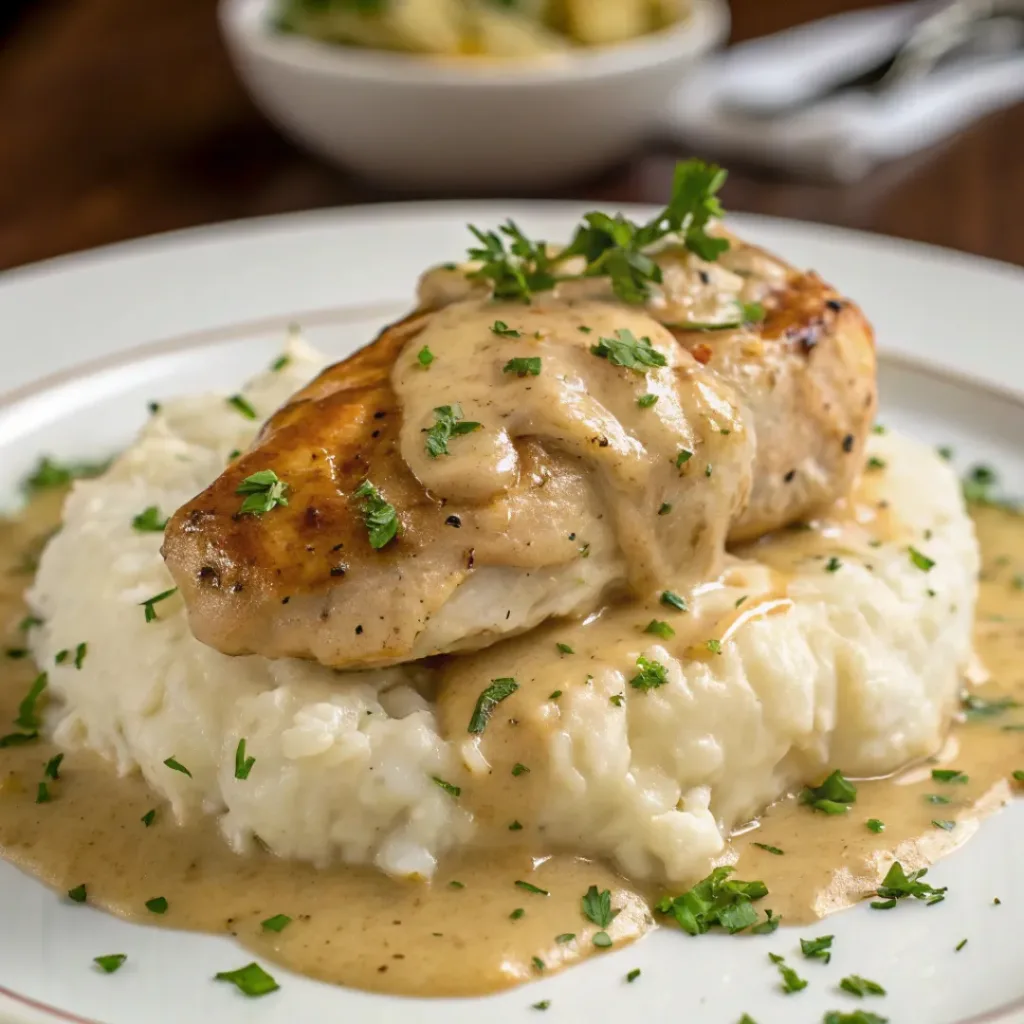 Creamy garlic chicken served on a plate