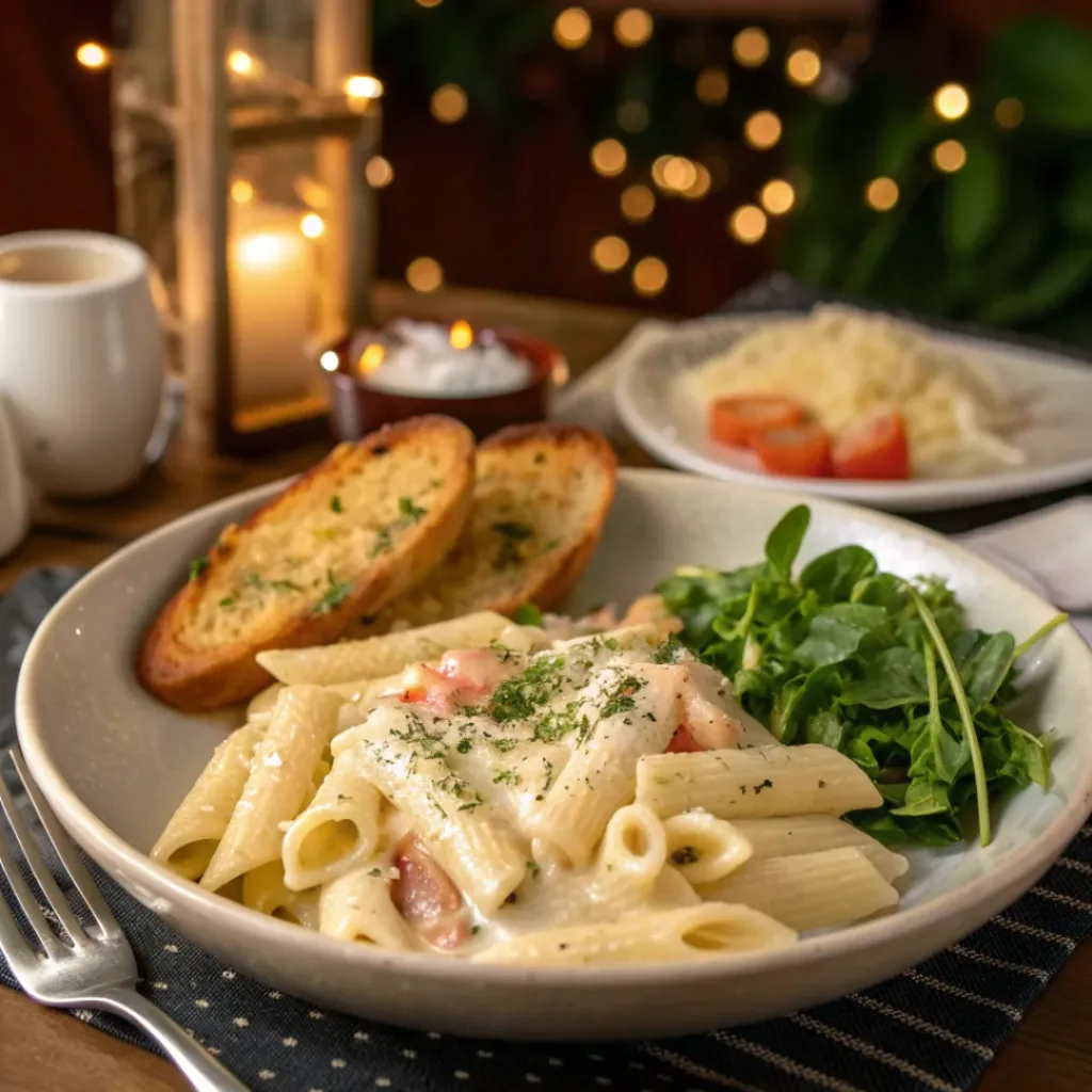 Creamy Penne Pasta – Rich, Easy & Comforting 8 Creamy penne pasta served with garlic bread