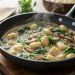 Creamy Spinach and Mushroom Gnocchi in skillet