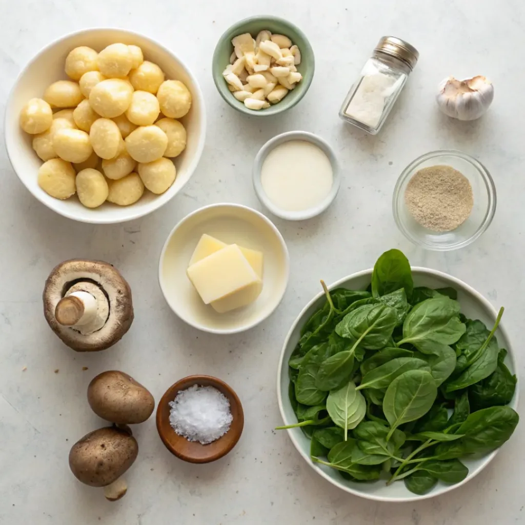 Ingredients for Creamy Spinach and Mushroom Gnocchi
