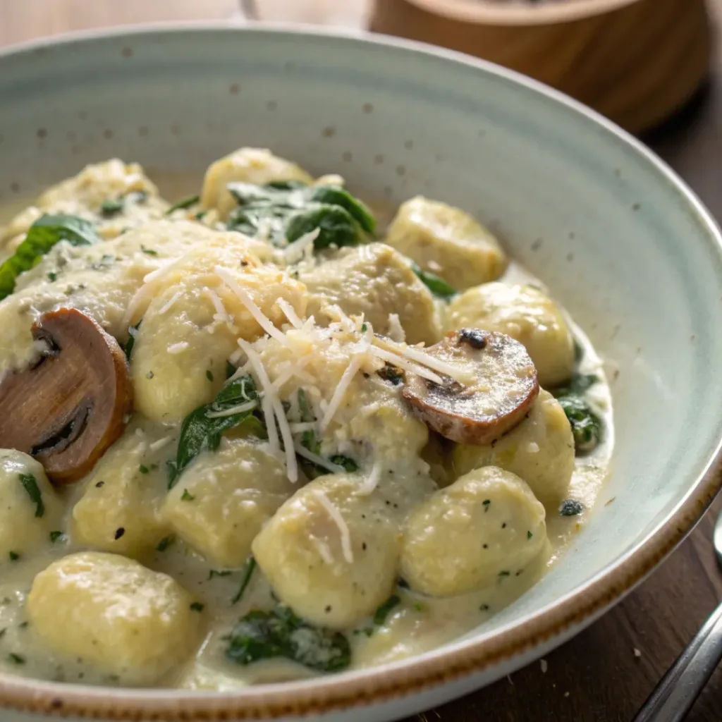 Served Creamy Spinach and Mushroom Gnocchi