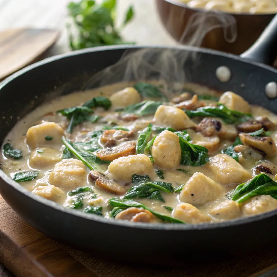 Creamy Spinach and Mushroom Gnocchi in skillet