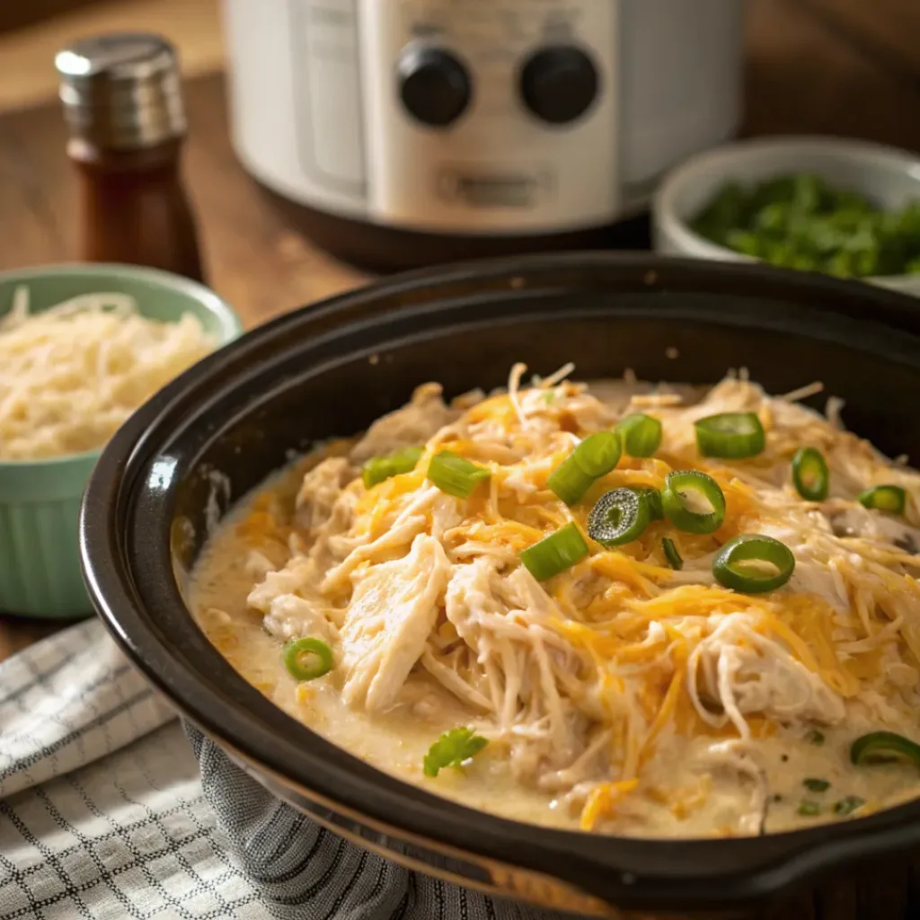 Creamy crockpot crack chicken in slow cooker