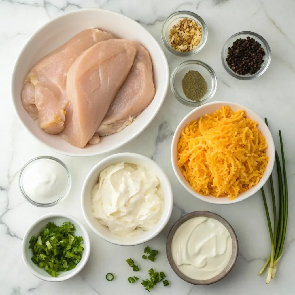 Creamy crockpot crack chicken ingredients flat lay