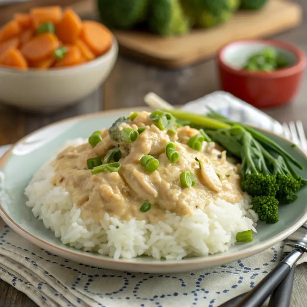 Creamy crockpot crack chicken served with rice