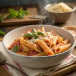 Creamy garlic tomato pasta with cheese and basil