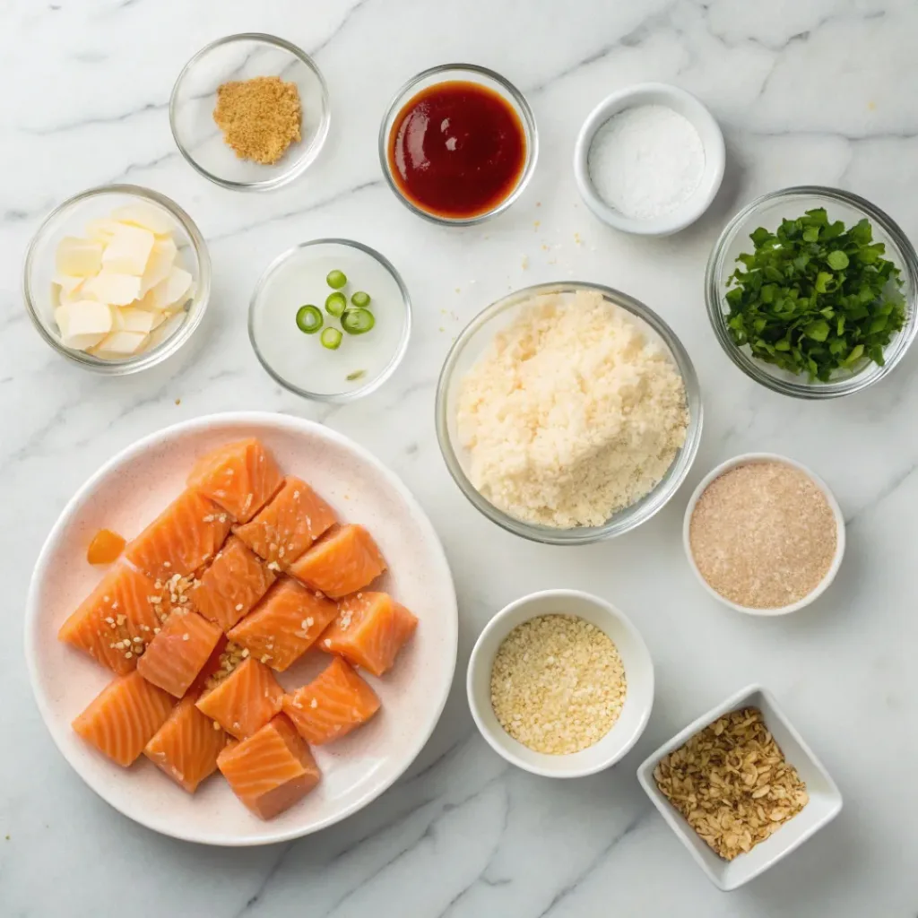 Crispy Bang Bang Salmon Bites ingredients flat lay