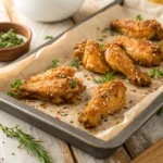 Crispy baked chicken wings on a tray