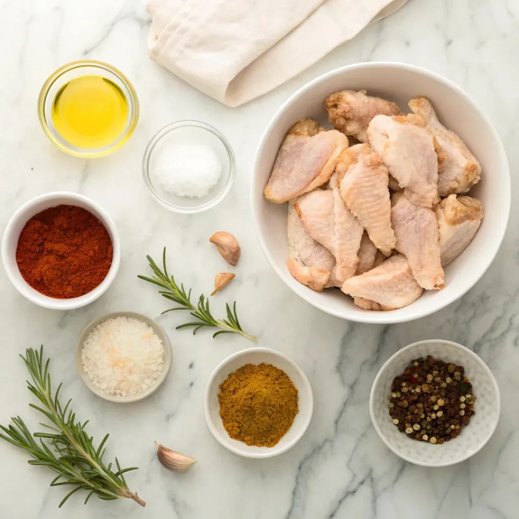 Crispy Baked Chicken Wings – Juicy & Golden 6 Flat lay of ingredients for crispy baked chicken wings