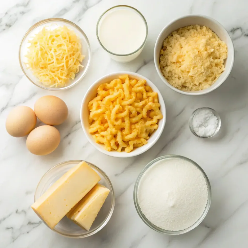 Mac and cheese bites ingredients flat lay