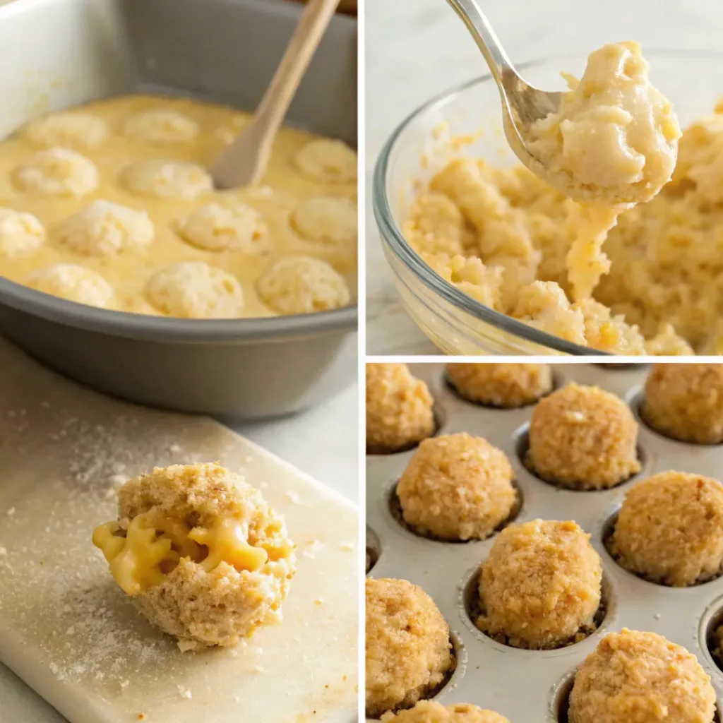 Step-by-step mac and cheese bites process