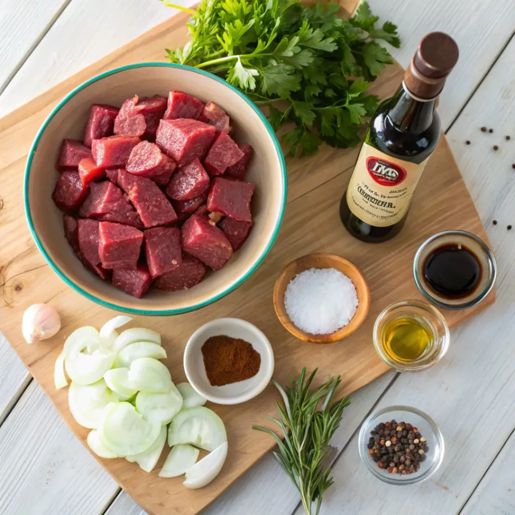 Flat lay of ingredients for Crock Pot Steak Bites